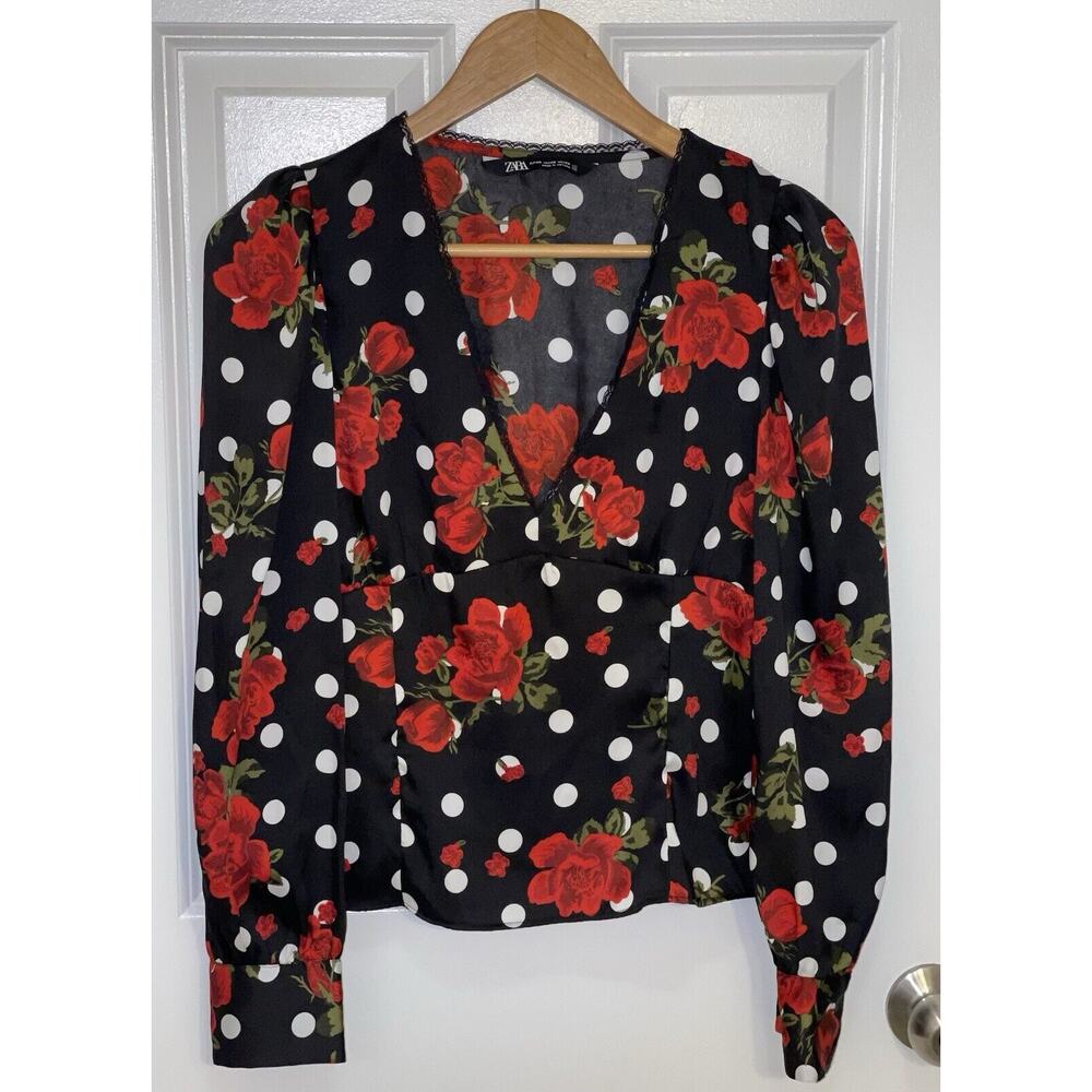 Zara Polka Dot Rose Print Black‎ Soft Formal Blouse Shirt Top 2157/242 Size XS